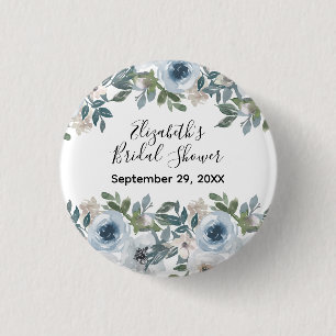Blauw Wit Bloemen Waterverf Vrijgezellenfeest Ronde Button 3,2 Cm