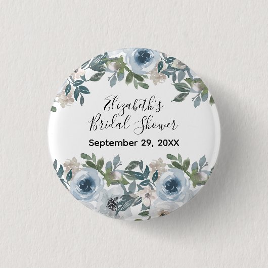 Blauw Wit Bloemen Waterverf Vrijgezellenfeest Ronde Button 3,2 Cm (Voorkant)