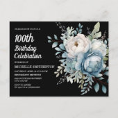 Blauw Wit Bloemen Zwart Vrouwen 100e Verjaardag Uitnodiging Briefkaart (Voorkant)