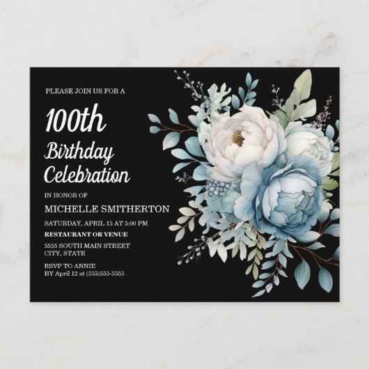 Blauw Wit Bloemen Zwart Vrouwen 100e Verjaardag Uitnodiging Briefkaart (Voorkant)