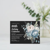 Blauw Wit Bloemen Zwart Vrouwen 100e Verjaardag Uitnodiging Briefkaart (Staand voorkant)