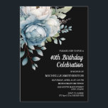 Blauw Wit Bloemen Zwart Vrouwen 40ste Verjaardag Kaart<br><div class="desc">Mooie blauw-witte waterverf bloemen op zwarte vrouwen 40ste verjaardagsfeest uitnodiging briefkaart. Tekst is volledig aanpasbaar,  dus deze kaart kan voor elke leeftijd worden ontworpen. Neem contact met mij op voor hulp bij maatwerk of om bijpassende producten aan te vragen.</div>