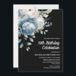 Blauw Wit Bloemen Zwart Vrouwen 50ste Verjaardag Kaart<br><div class="desc">Mooie blauw-witte waterverf bloemen op zwarte vrouwen 50ste verjaardagsfeest uitnodiging briefkaart. Tekst is volledig aanpasbaar,  dus deze kaart kan voor elke leeftijd worden ontworpen. Neem contact met mij op voor hulp bij maatwerk of om bijpassende producten aan te vragen.</div>