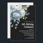 Blauw Wit Bloemen Zwart Vrouwen 50ste Verjaardag Kaart<br><div class="desc">Mooie blauw-witte waterverf bloemen op zwarte vrouwen 50ste verjaardagsfeest uitnodiging briefkaart. Tekst is volledig aanpasbaar,  dus deze kaart kan voor elke leeftijd worden ontworpen. Neem contact met mij op voor hulp bij maatwerk of om bijpassende producten aan te vragen.</div>