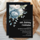 Blauw Wit Bloemen Zwart Vrouwen 60ste Verjaardag Kaart<br><div class="desc">Mooie blauw-witte waterverf bloemen op zwarte vrouwen 60ste verjaardagsfeest uitnodiging briefkaart. Tekst is volledig aanpasbaar,  dus deze kaart kan voor elke leeftijd worden ontworpen. Neem contact met mij op voor hulp bij maatwerk of om bijpassende producten aan te vragen.</div>