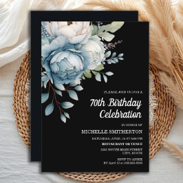 Blauw Wit Bloemen Zwart Vrouwen 70ste Verjaardag Kaart