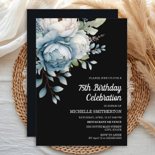 Blauw Wit Bloemen Zwart Vrouwen 75ste Verjaardag Kaart