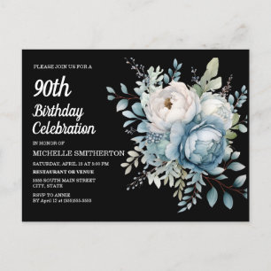Blauw Wit Bloemen Zwart Vrouwen 90ste Verjaardag Uitnodiging Briefkaart