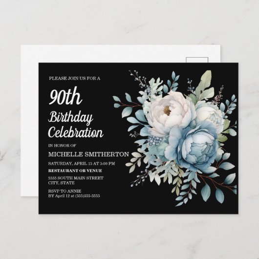 Blauw Wit Bloemen Zwart Vrouwen 90ste Verjaardag Uitnodiging Briefkaart (Voorkant / Achterkant)
