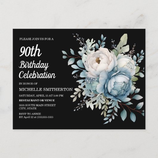 Blauw Wit Bloemen Zwart Vrouwen 90ste Verjaardag Uitnodiging Briefkaart (Voorkant)