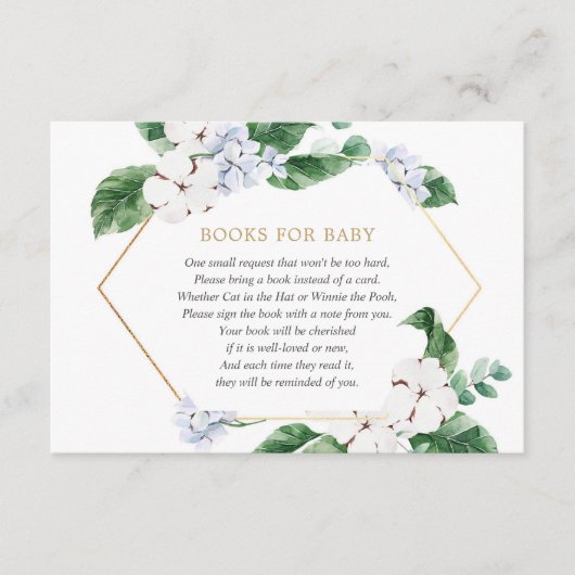 Blauw wit bloemengroen gouden boeken voor baby boy informatiekaartje (Voorkant)