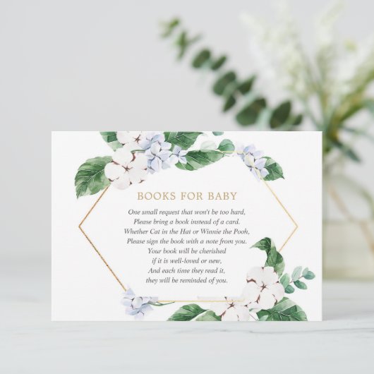 Blauw wit bloemengroen gouden boeken voor baby boy informatiekaartje (Staand voorkant)