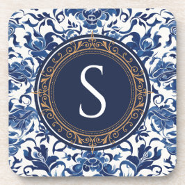 Blauw-wit  Bloemenkolonie Chinoiserie Monogram Bier Onderzetter