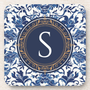 Blauw-wit Bloemenkolonie Chinoiserie Monogram Bier Onderzetter
