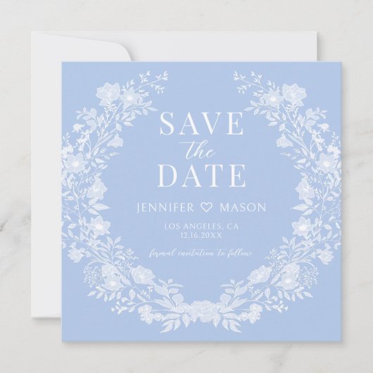 Blauw wit bloemenkrans Save the Date fotokaart (Voorkant)