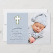 Blauw & wit Bloemenkruis Foto Doop Kaart (Voorkant)