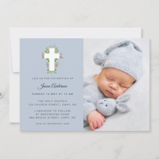 Blauw & wit Bloemenkruis Foto Doop Kaart (Voorkant)