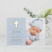 Blauw & wit Bloemenkruis Foto Doop Kaart (Staand voorkant)