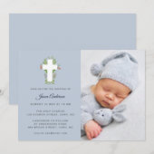 Blauw & wit Bloemenkruis Foto Doop Kaart (Voorkant / Achterkant)