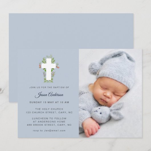 Blauw & wit Bloemenkruis Foto Doop Kaart (Voorkant / Achterkant)