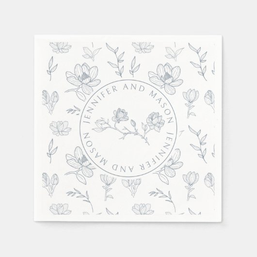 Blauw wit bloemenmonogram bruiloft papieren servet (Voorkant)
