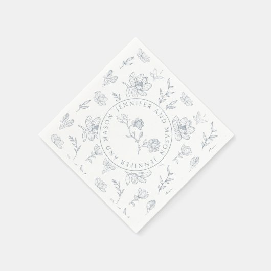Blauw wit bloemenmonogram bruiloft papieren servet (Hoek)