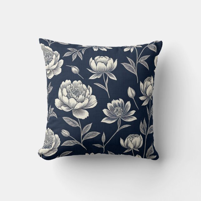 blauw-wit  bloemenprint kussen (Voorkant)