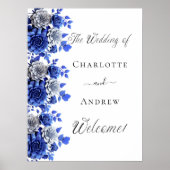 Blauw wit bloemenschrift welkom bruiloft poster (Voorkant)