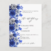 Blauw wit bloemenscript bruiloft uitnodiging briefkaart (Voorkant)