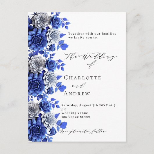 Blauw wit bloemenscript bruiloft uitnodiging briefkaart (Voorkant)