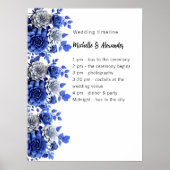 Blauw wit bloemenscript budget bruiloft programma poster (Voorkant)