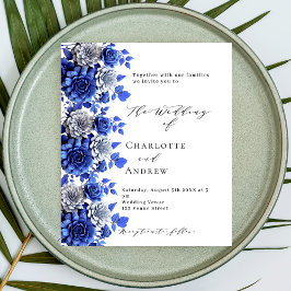 Blauw wit bloemenscript budget bruiloft uitnodigin