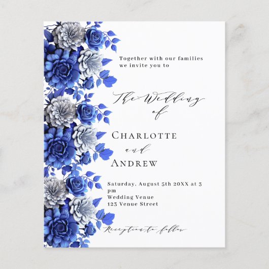 Blauw wit bloemenscript budget bruiloft uitnodigin (Voorkant)