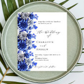 Blauw wit bloemenscript budget bruiloft uitnodigin flyer