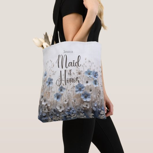 blauw/wit bloementuin Maid of Honor Tote Bag (Dichtbij)