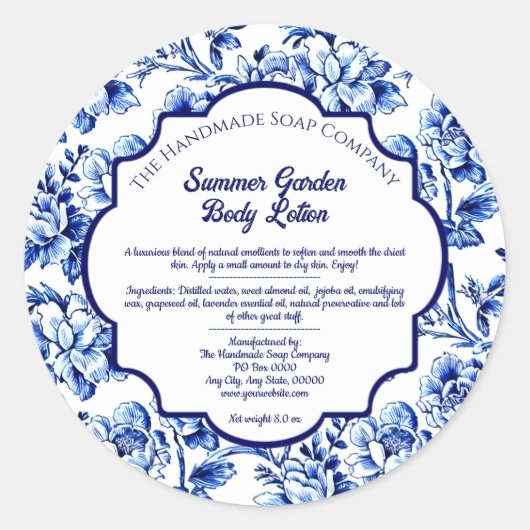 Blauw & Wit  Bloemenzeep Cosmetica Label (Voorkant)