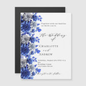 Blauw wit bloemetjes script luxe bruiloft magnetische uitnodiging (Voorkant / Achterkant)