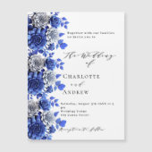 Blauw wit bloemetjes script luxe bruiloft magnetische uitnodiging (Voorkant)
