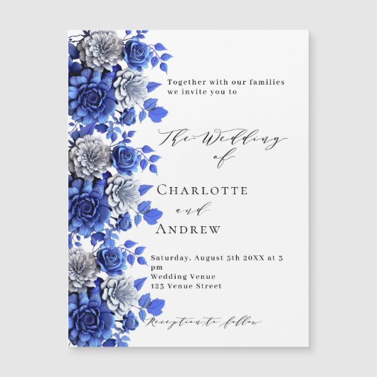 Blauw wit bloemetjes script luxe bruiloft magnetische uitnodiging (Voorkant)