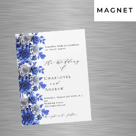 Blauw wit bloemetjes script luxe bruiloft magnetische uitnodiging