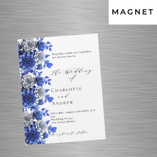 Blauw wit bloemetjes script luxe bruiloft magnetische uitnodiging