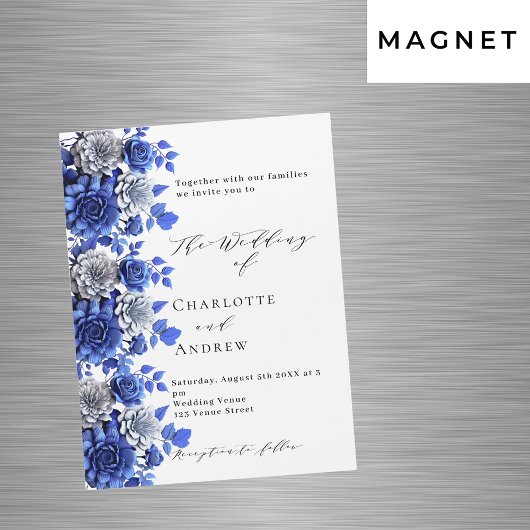 Blauw wit bloemetjes script luxe bruiloft magnetische uitnodiging