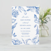 Blauw wit bloemig elegant baby shower kaart (Staand voorkant)