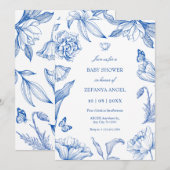 Blauw wit bloemig elegant baby shower kaart (Voorkant / Achterkant)