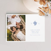 Blauw & Wit Bloemig Monogram Trouwplat Save The Date