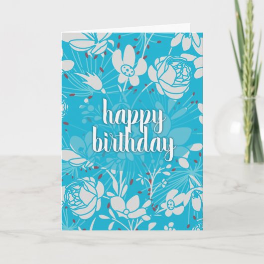 Blauw & Wit Bloemig Verjaardagsfeest Kaart (Voorkant)