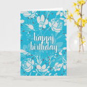 Blauw & Wit Bloemig Verjaardagsfeest Kaart (Gele Bloem)