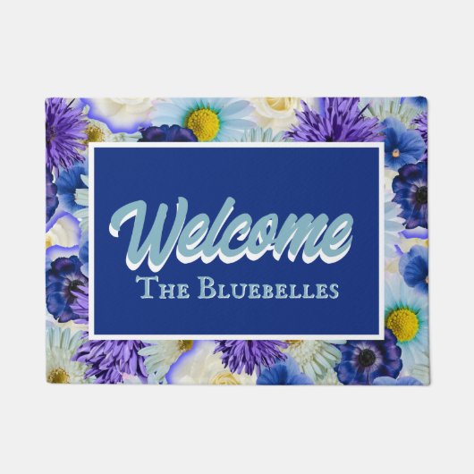 Blauw & Wit Bloemige Gepersonaliseerde Ingang Welk Deurmat (Voorkant)