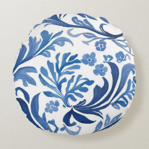 Blauw & Wit Bloemmotief   Chinoiserie Patroon Rond Kussen