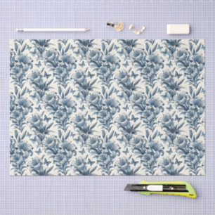 Blauw-wit bloemmotief geïnspireerd op vintage toil tissuepapier